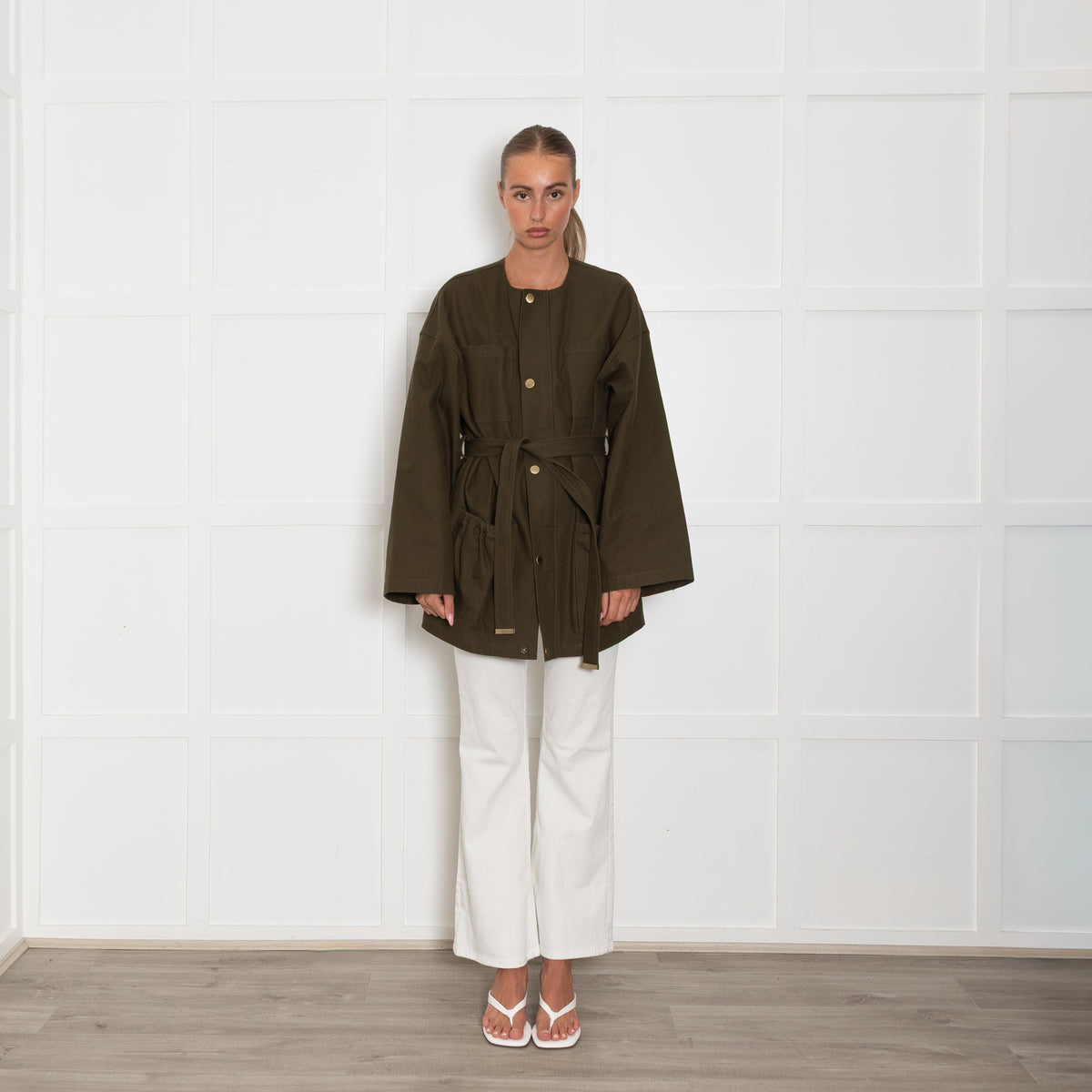 Nili Lotan Khaki Collarless Jacket with Gold Poppers
