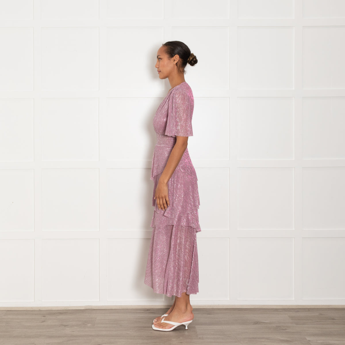 Maje Pink Metallic Ruffled V Neck Plisse Maxi Dress