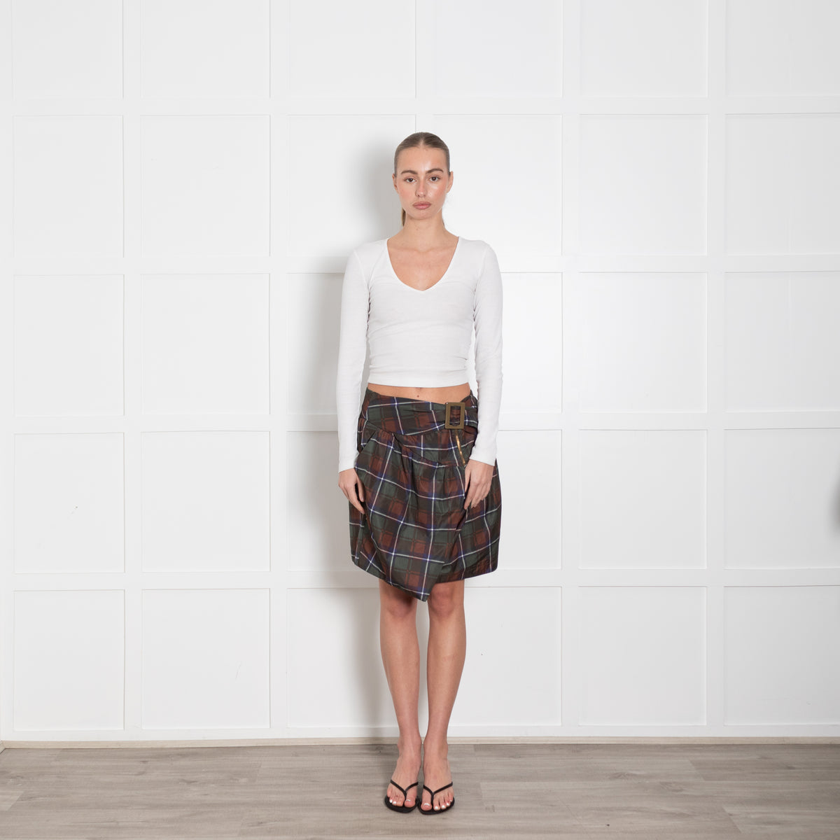 See By Chloe Green Brown Tartan Buckle Detail Mini Skirt