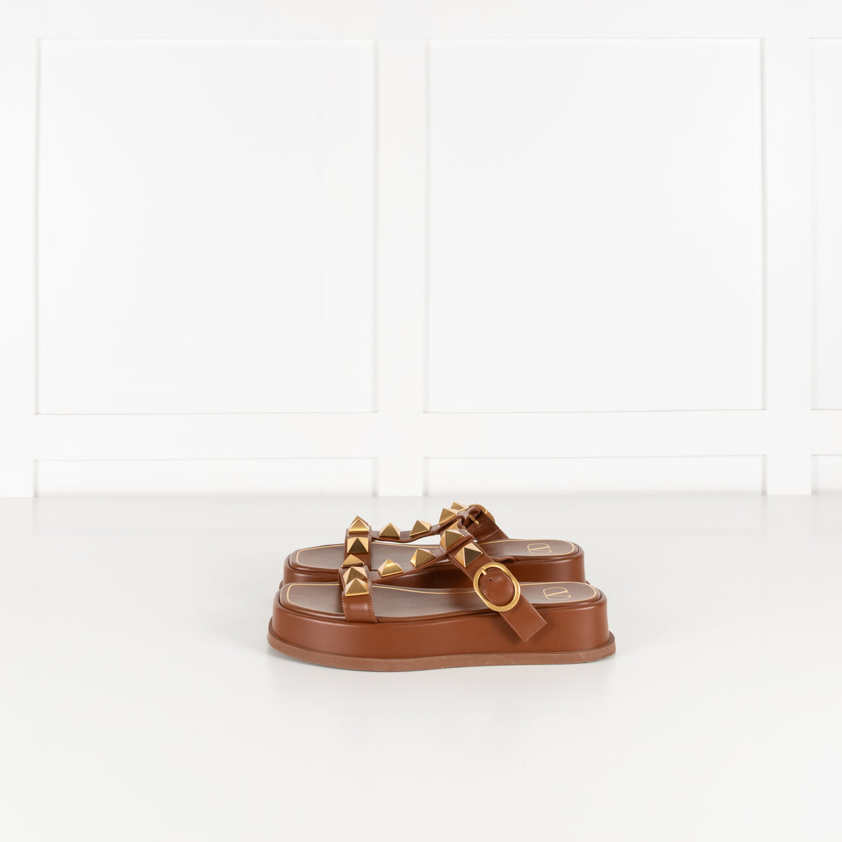 Valentino Brown Leather Roman Gold Rockstud Platform Sandals