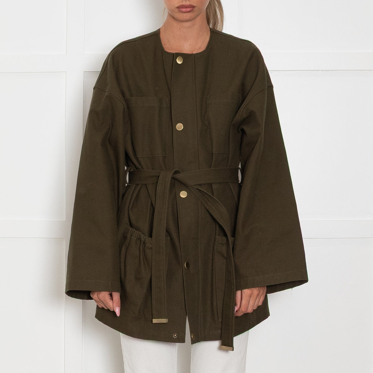 Nili Lotan Khaki Collarless Jacket with Gold Poppers