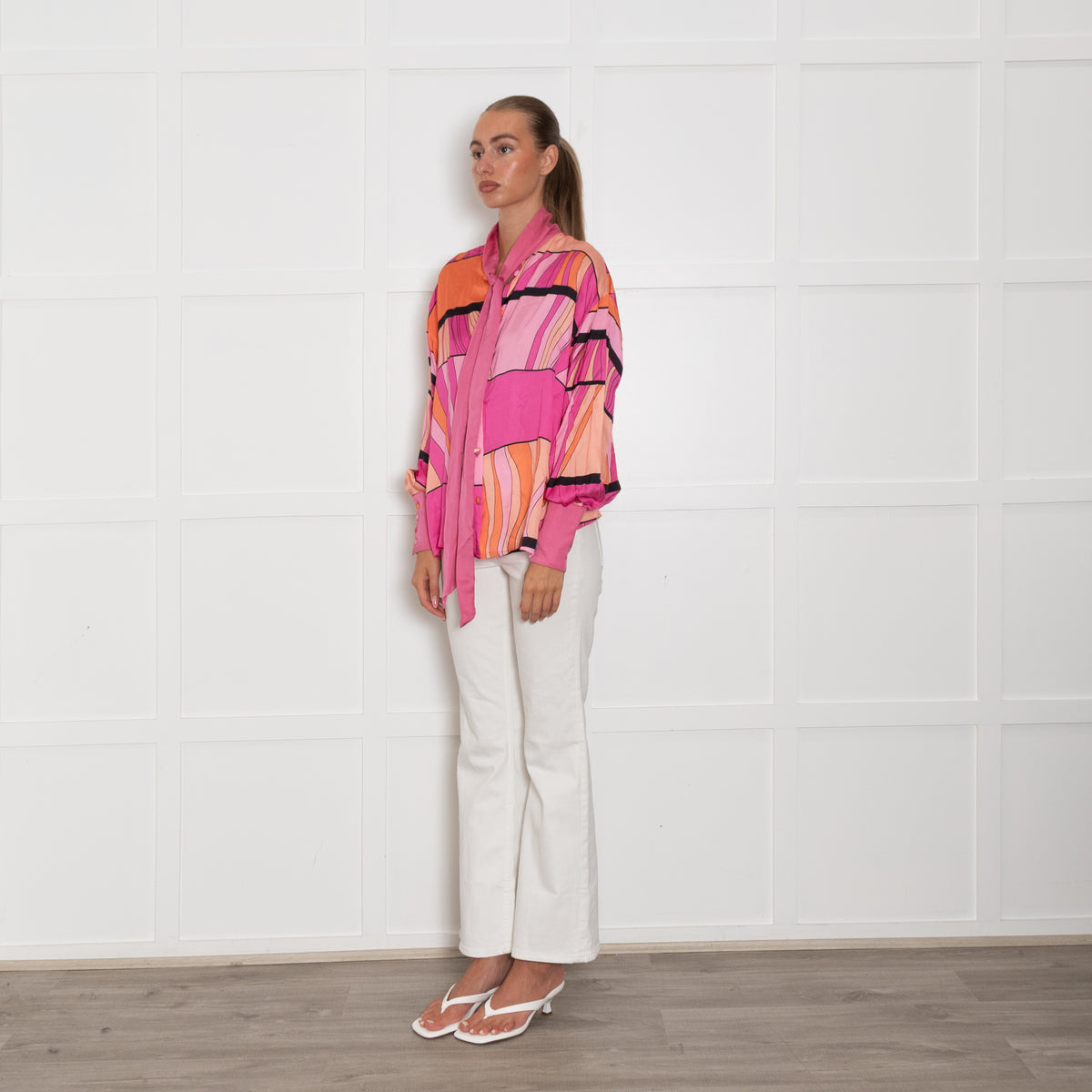 Pink Memories Pink Orange Neck Tie Blouse