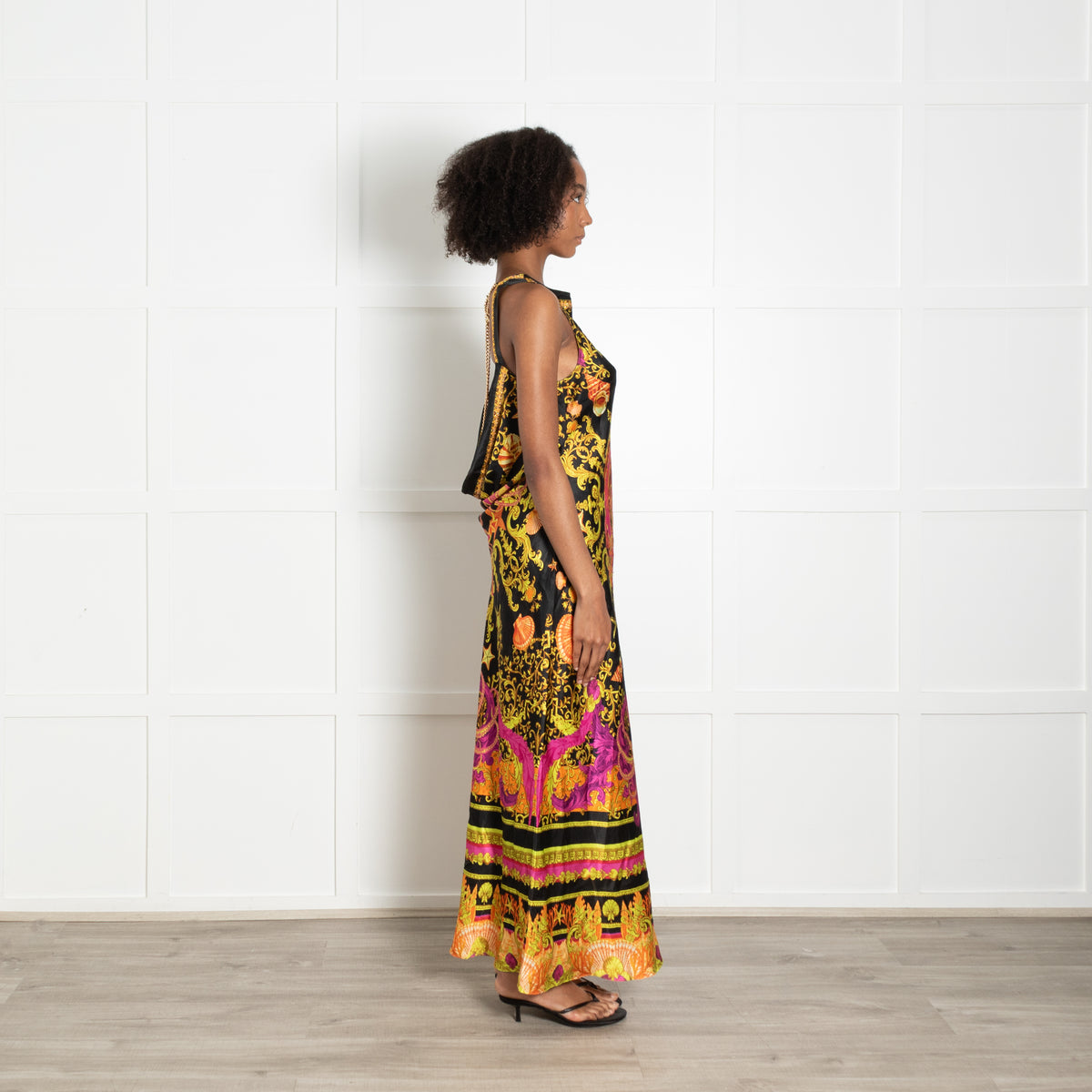 Camilla Black Pink Gold Orange Nautical Print Gold Chain Sleeveless Maxi Dress