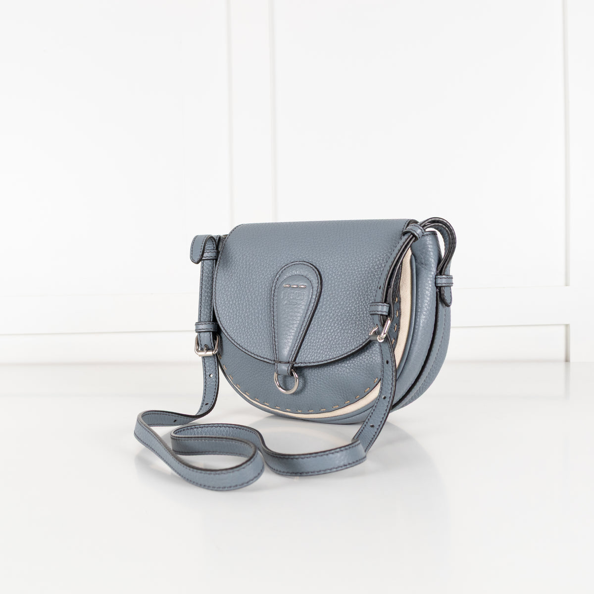 Fendi Blue Selleria Round Saddle Textured Leather Bag