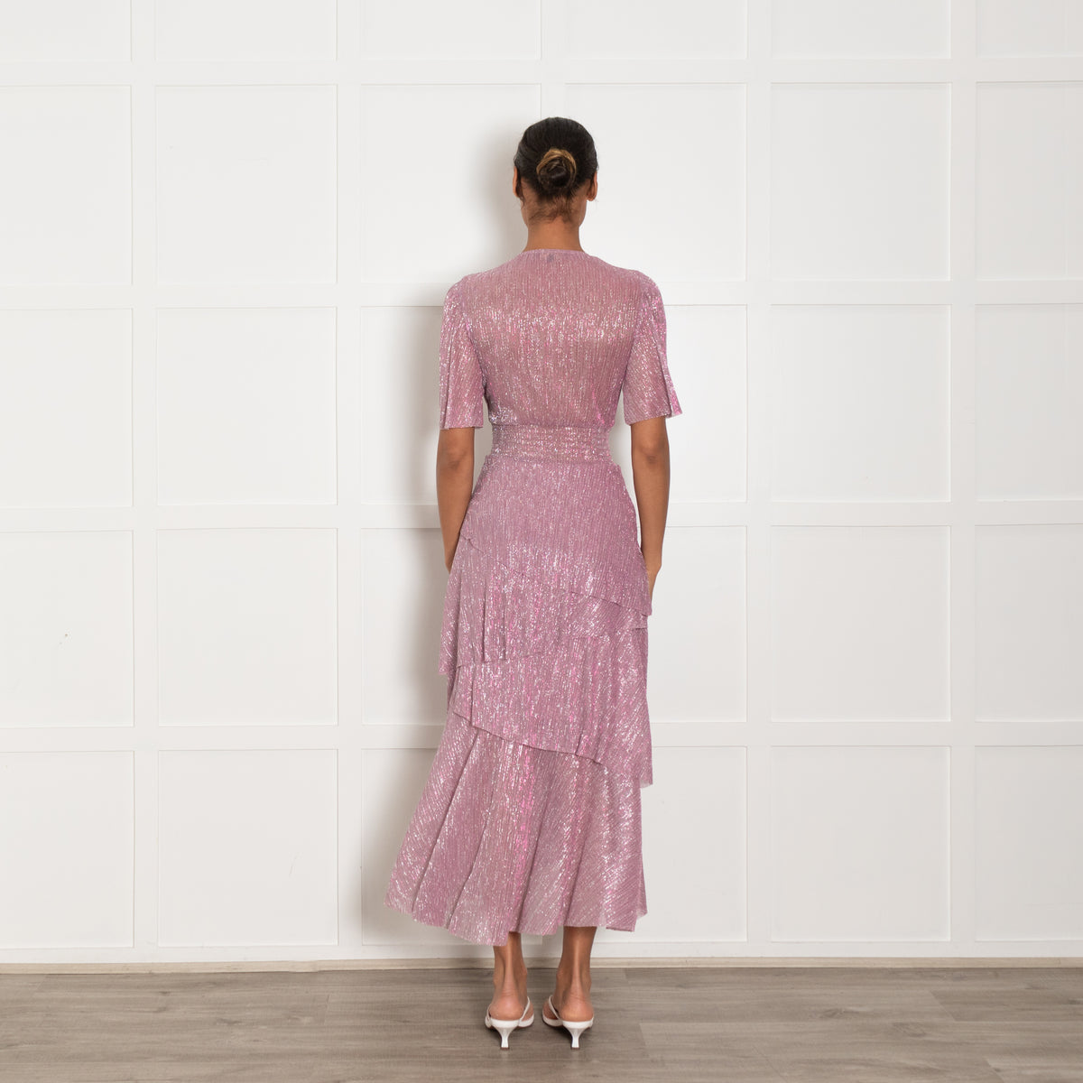 Maje Pink Metallic Ruffled V Neck Plisse Maxi Dress