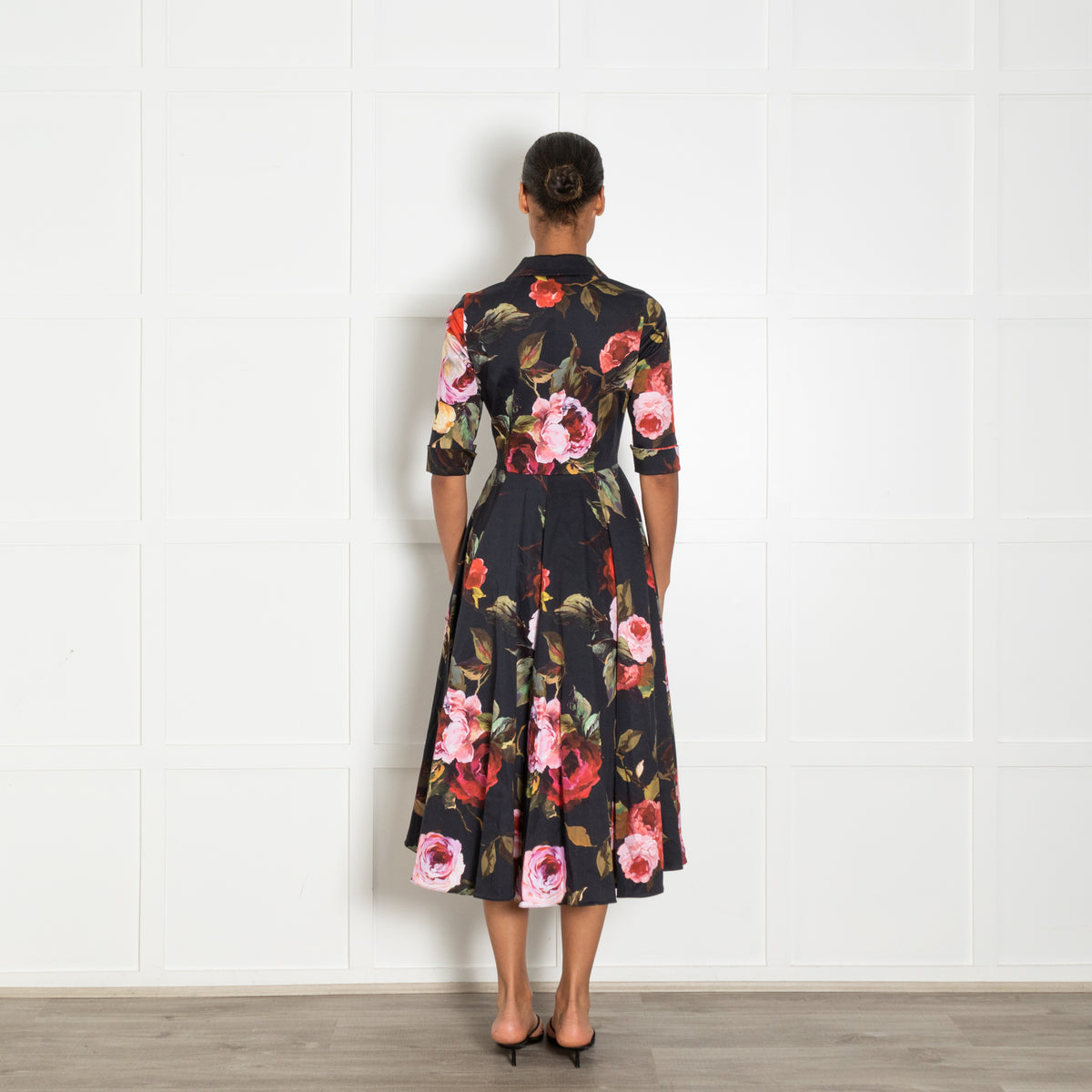 Suzannah Black Red Rose Print Short Sleeve Dress