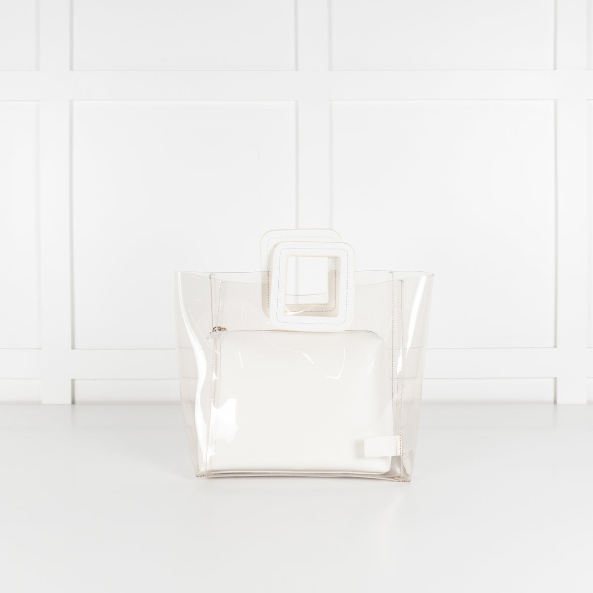 Staud Shirley White  Leather And Clear PVC Square Handle Bag