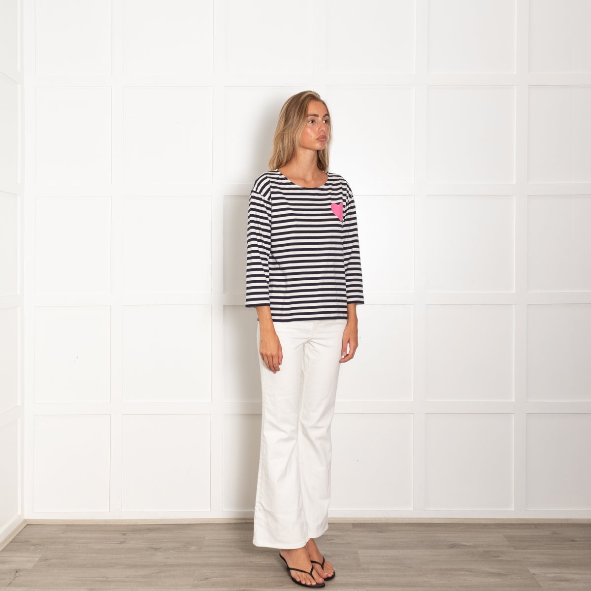 Chinti & Parker Navy Blue & White Stripe Pink Heart Top