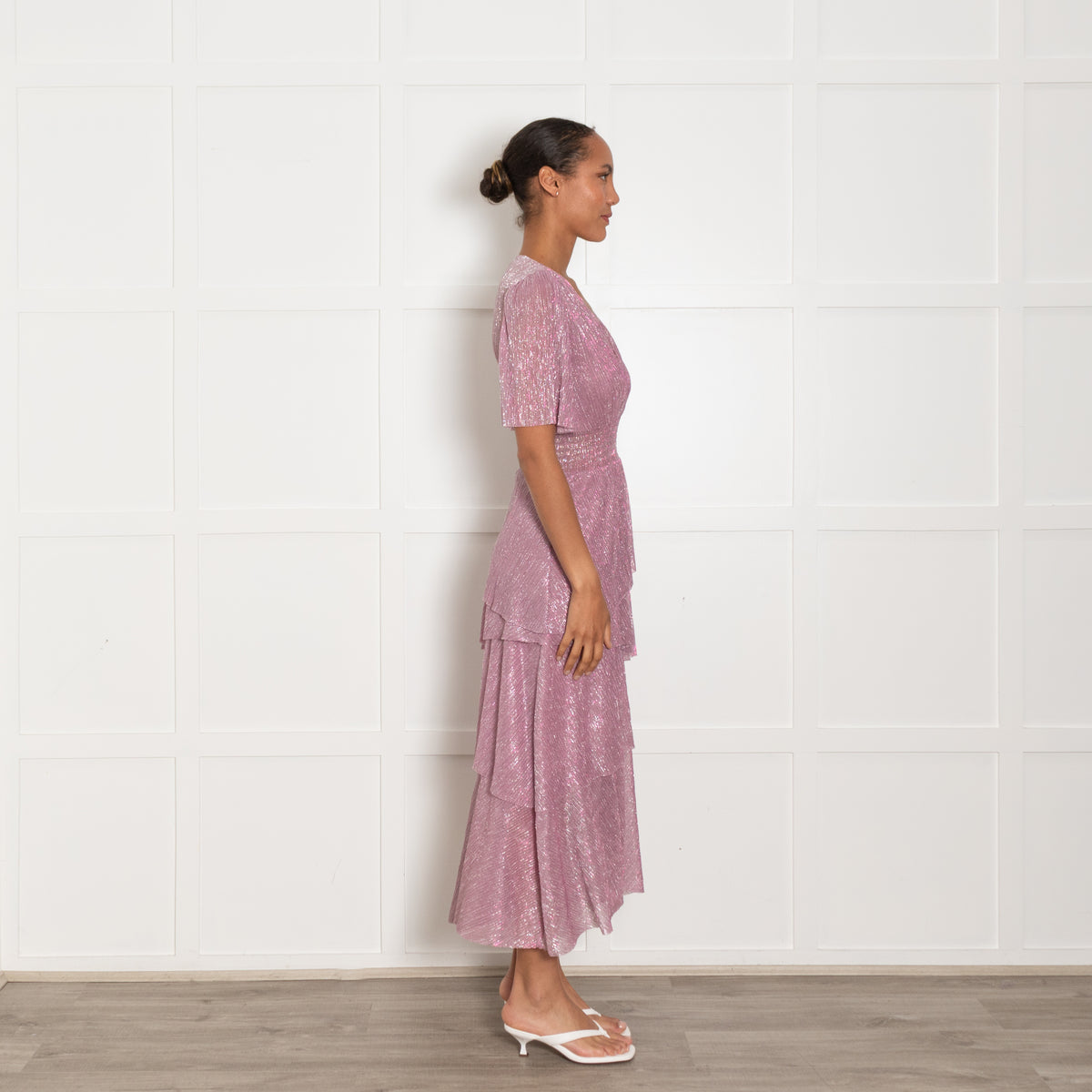 Maje Pink Metallic Ruffled V Neck Plisse Maxi Dress