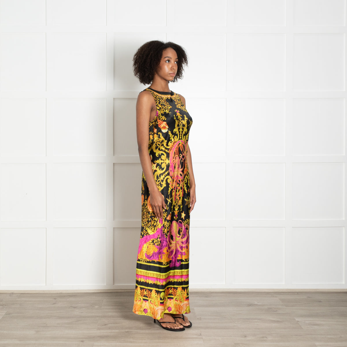Camilla Black Pink Gold Orange Nautical Print Gold Chain Sleeveless Maxi Dress