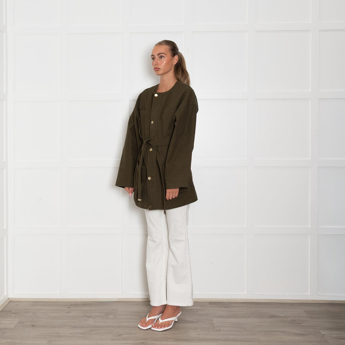 Nili Lotan Khaki Collarless Jacket with Gold Poppers