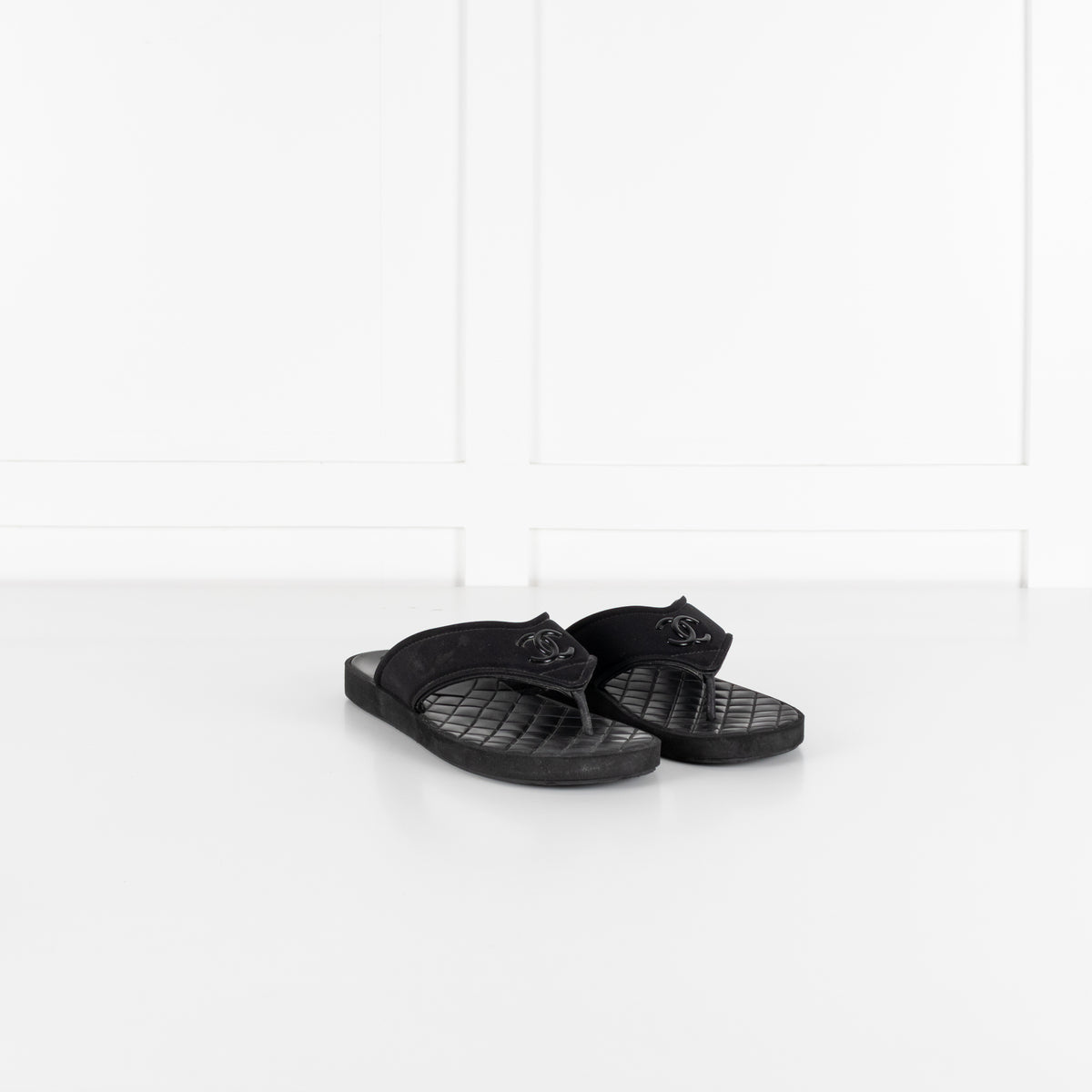 Chanel Black Cloth Rubber Quilted Sole Flip Flops