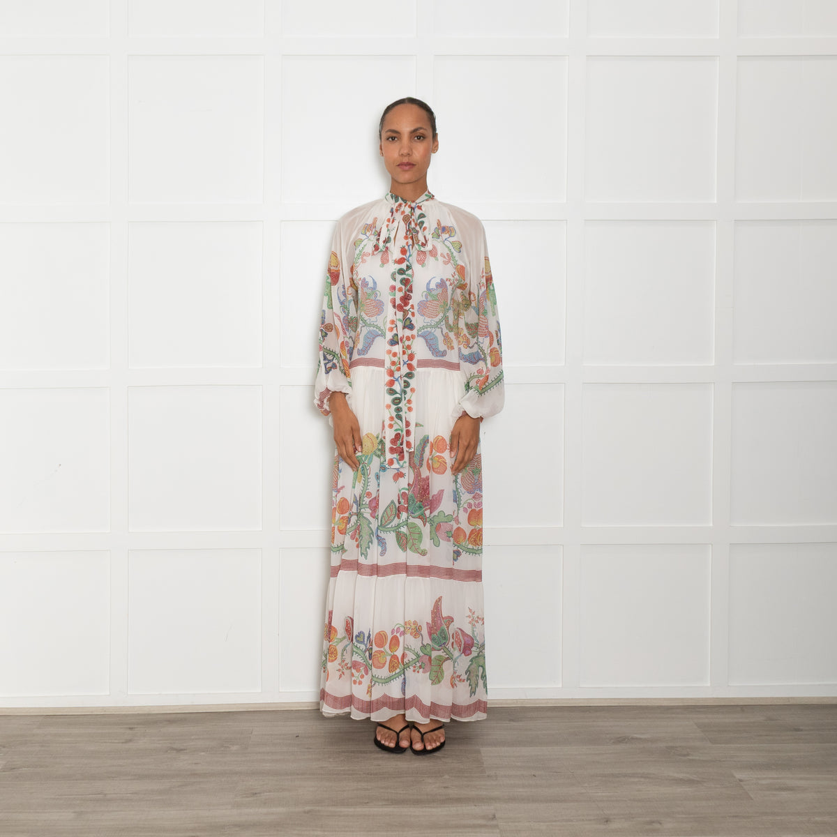 La Double J White Multi Floral Athena Silk Chiffon Maxi Dress