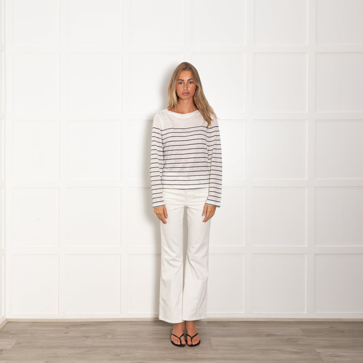 Vince White Navy Striped Linen Long Sleeve Top