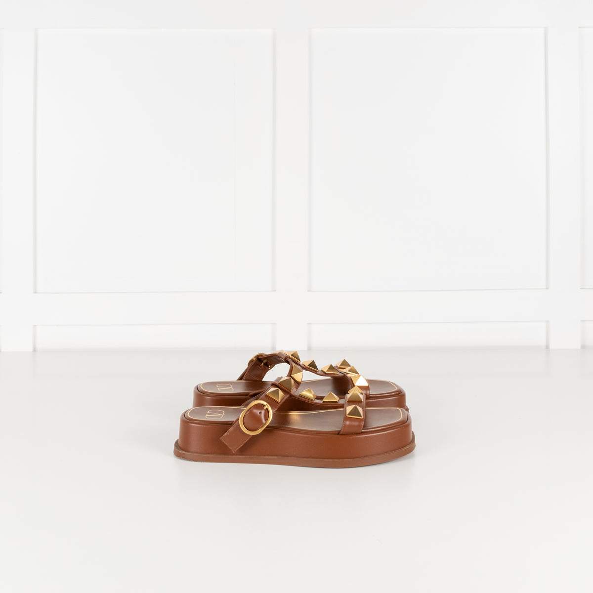 Valentino Brown Leather Roman Gold Rockstud Platform Sandals