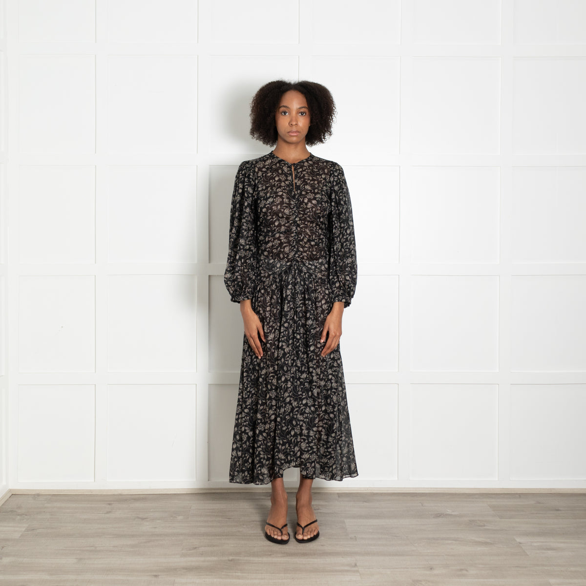 Isabel Marant Etoile Black Beige Floral Print Sleeved Maxi Dress