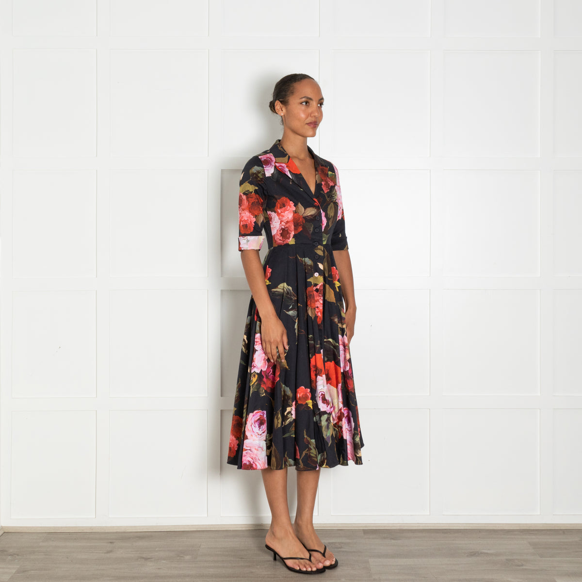 Suzannah Black Red Rose Print Short Sleeve Dress