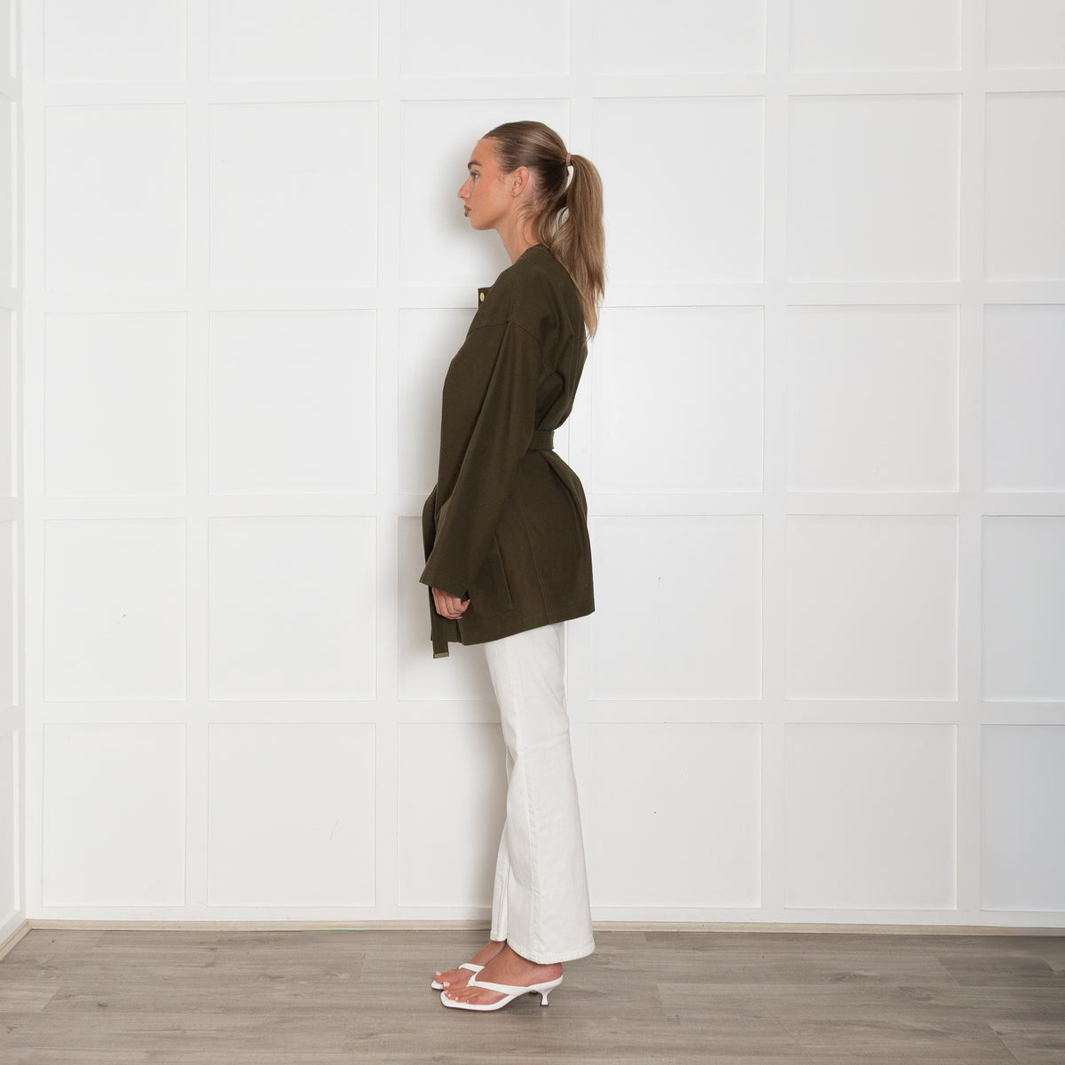Nili Lotan Khaki Collarless Jacket with Gold Poppers