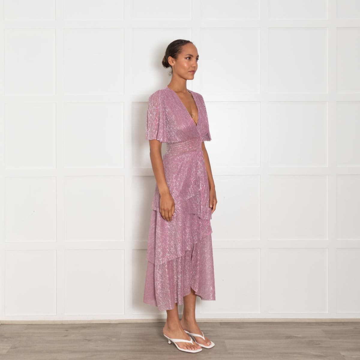 Maje Pink Metallic Ruffled V Neck Plisse Maxi Dress