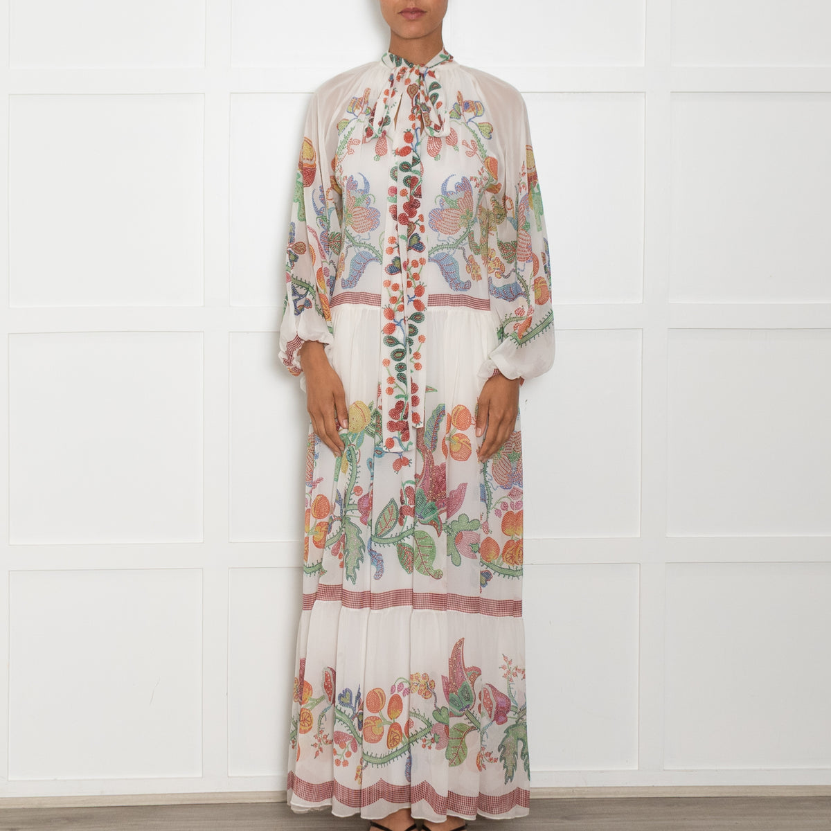 La Double J White Multi Floral Athena Silk Chiffon Maxi Dress