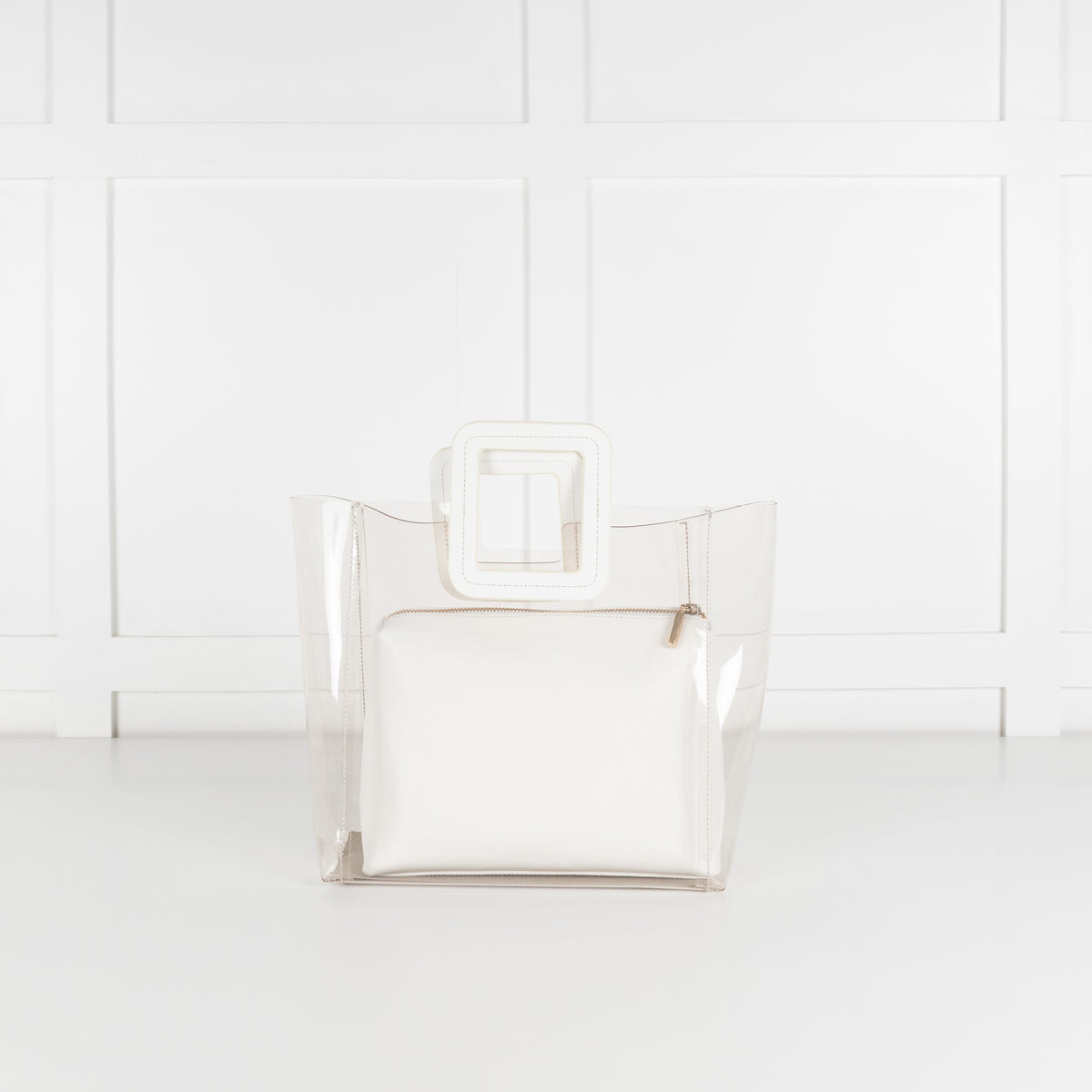 Staud Shirley White  Leather And Clear PVC Square Handle Bag