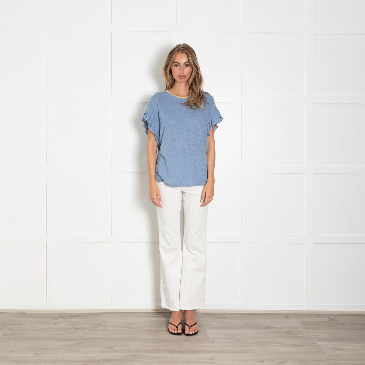 Wyse Blue Gold Lurex Trim Ruffle Detail Sleeveless Top