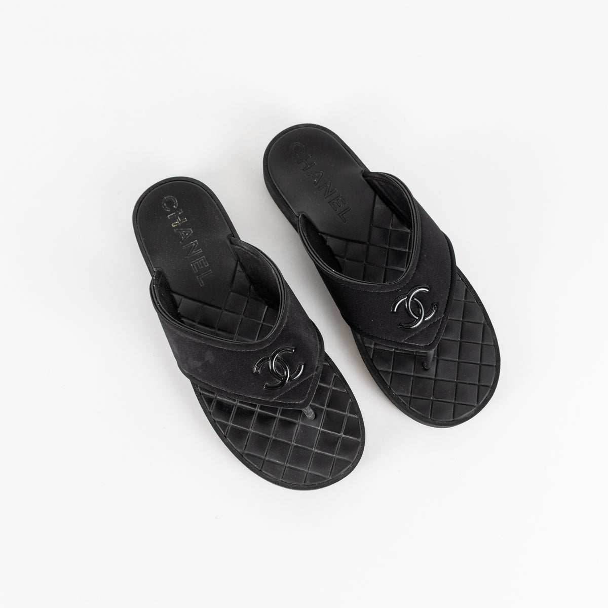 Chanel Black Cloth Rubber Quilted Sole Flip Flops