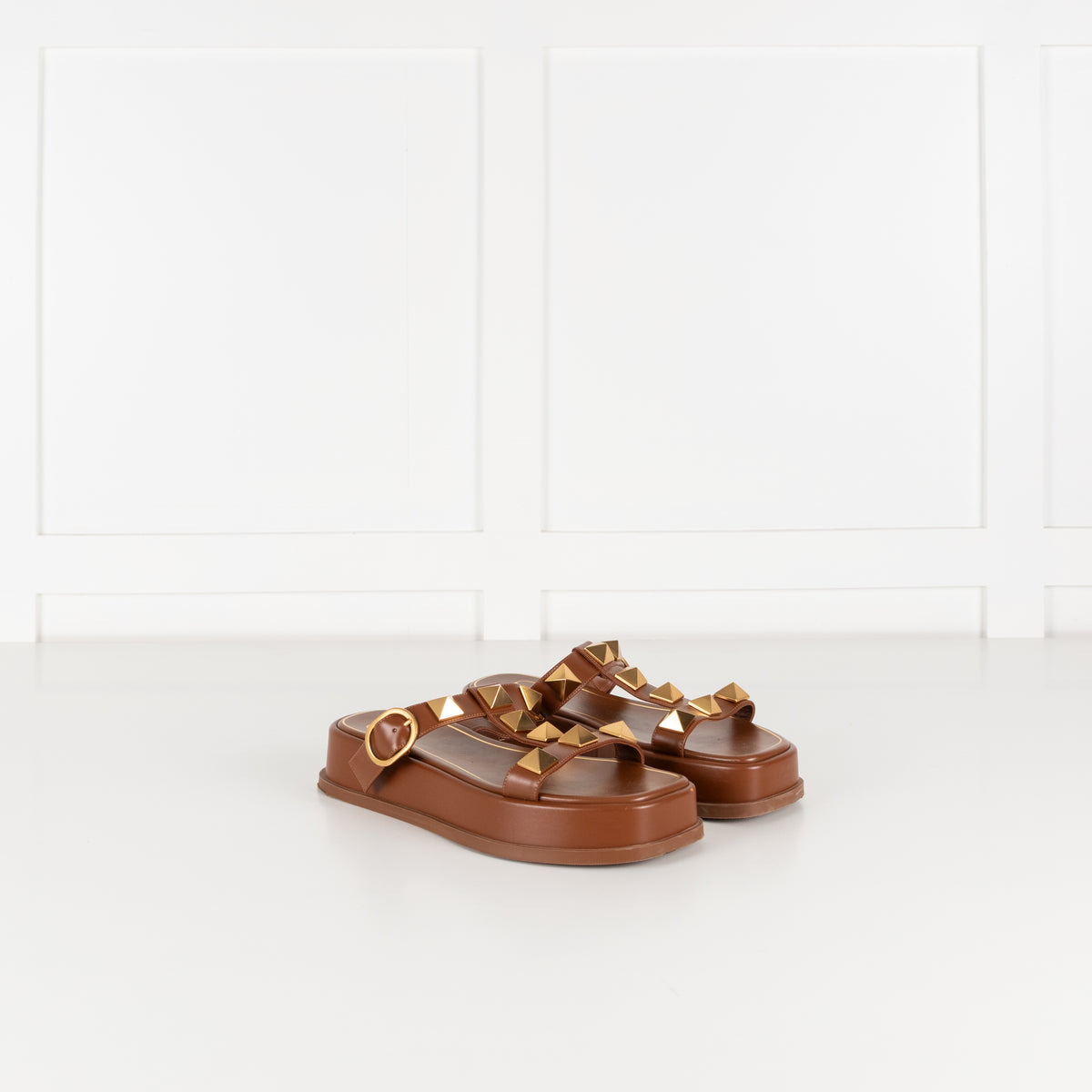 Valentino Brown Leather Roman Gold Rockstud Platform Sandals