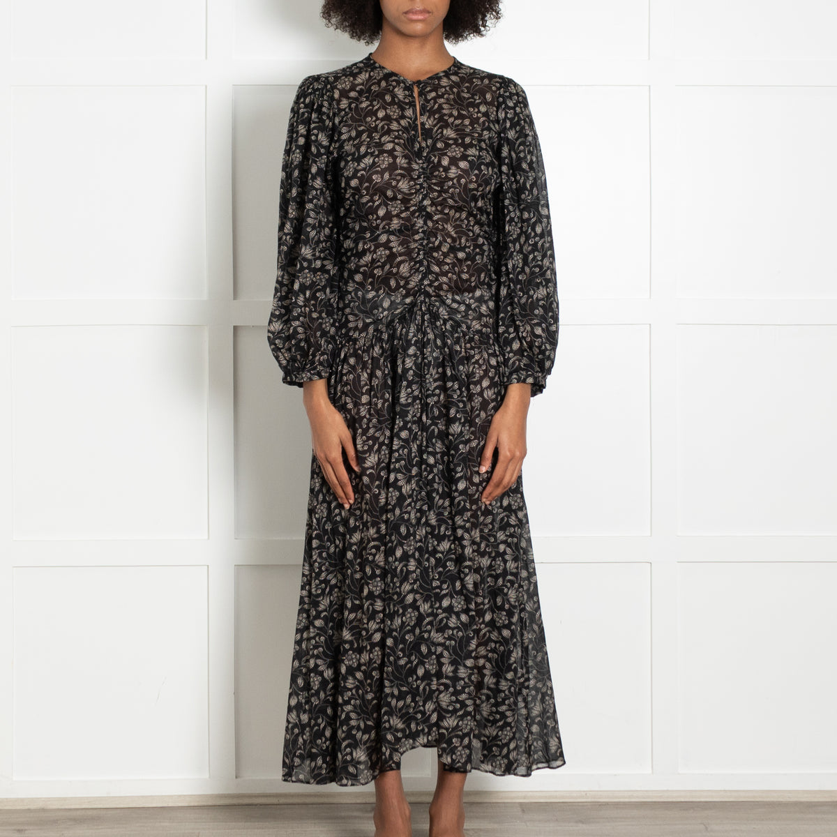 Isabel Marant Etoile Black Beige Floral Print Sleeved Maxi Dress