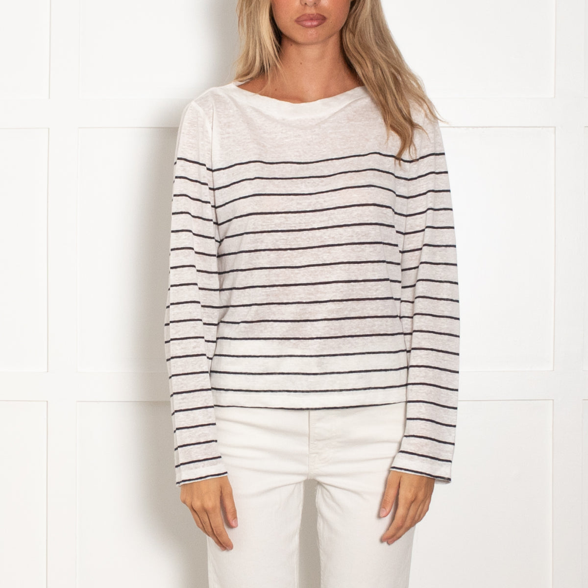 Vince White Navy Striped Linen Long Sleeve Top
