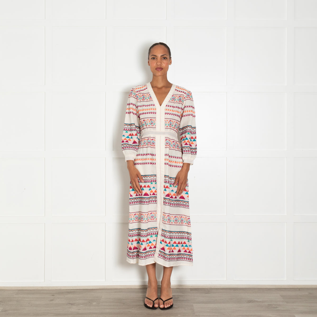 Aspiga Cream Multi Coloured Embroidered Cotton Dress