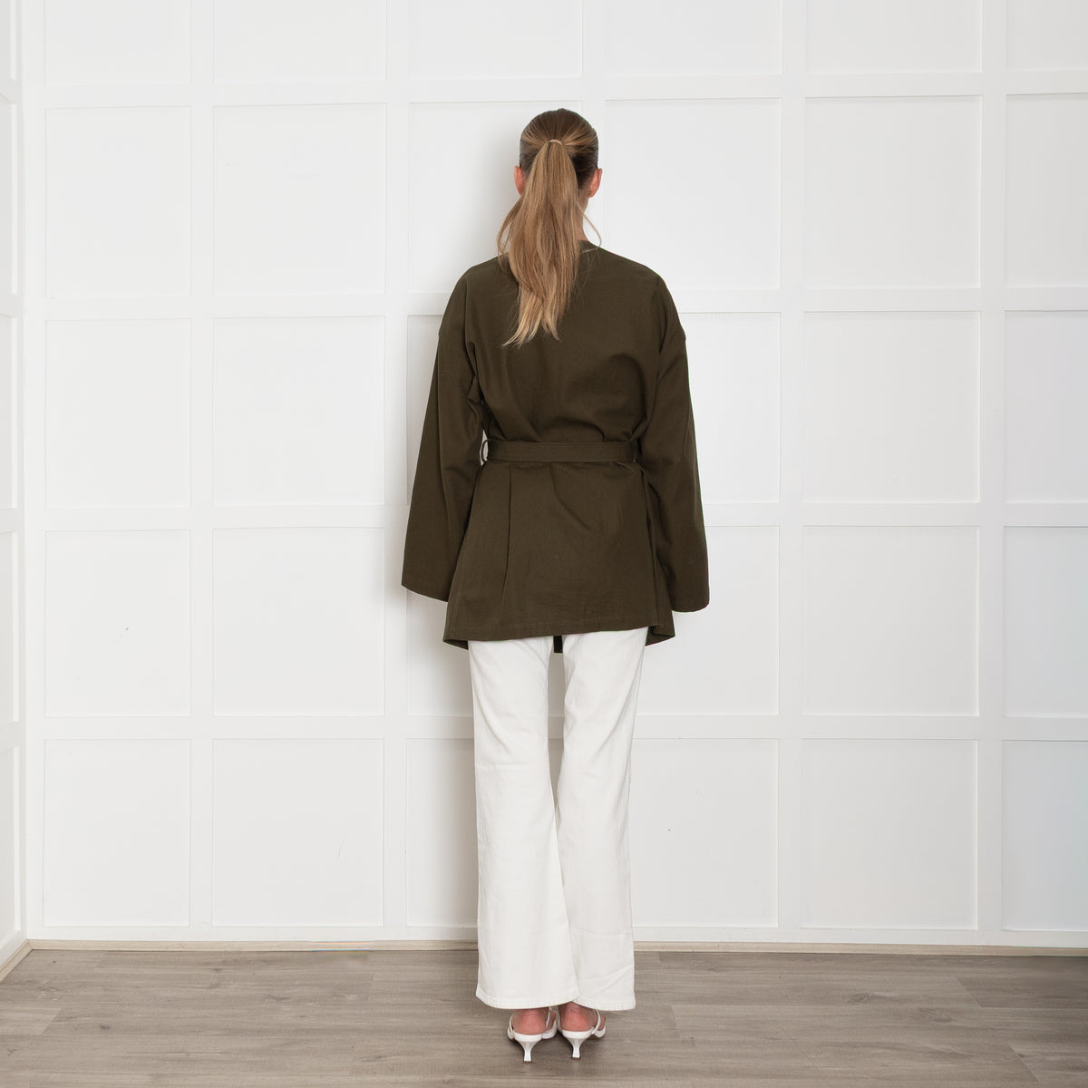 Nili Lotan Khaki Collarless Jacket with Gold Poppers