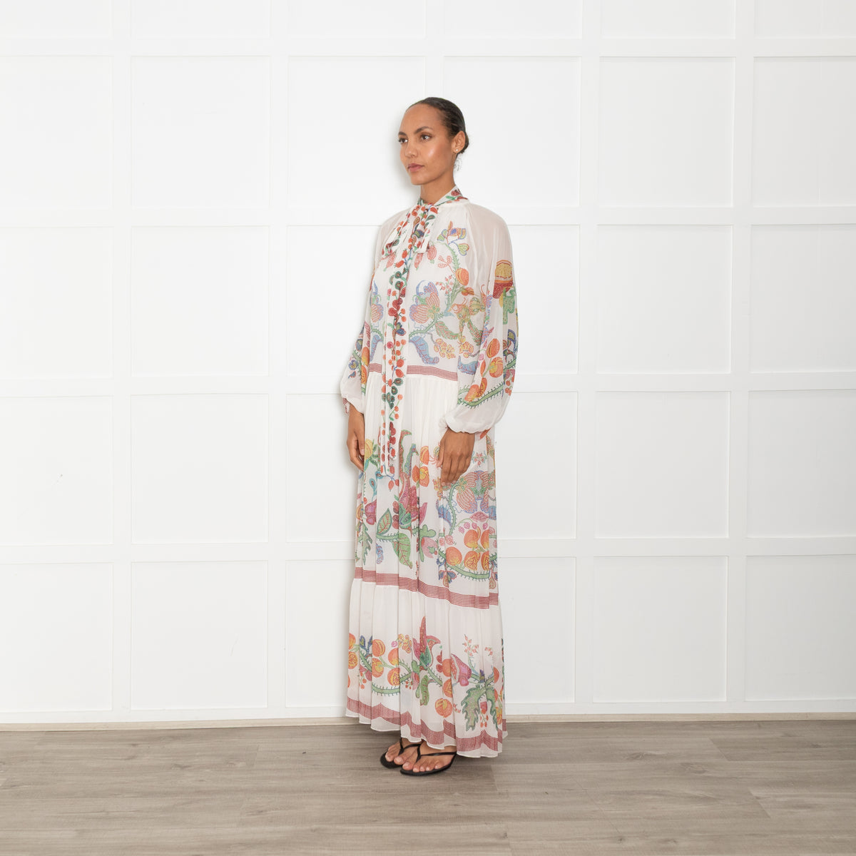 La Double J White Multi Floral Athena Silk Chiffon Maxi Dress