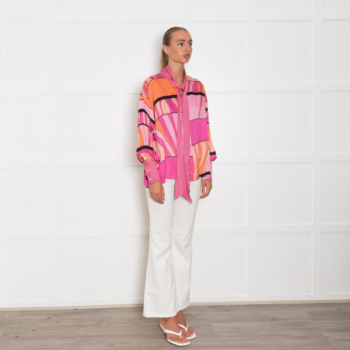 Pink Memories Pink Orange Neck Tie Blouse