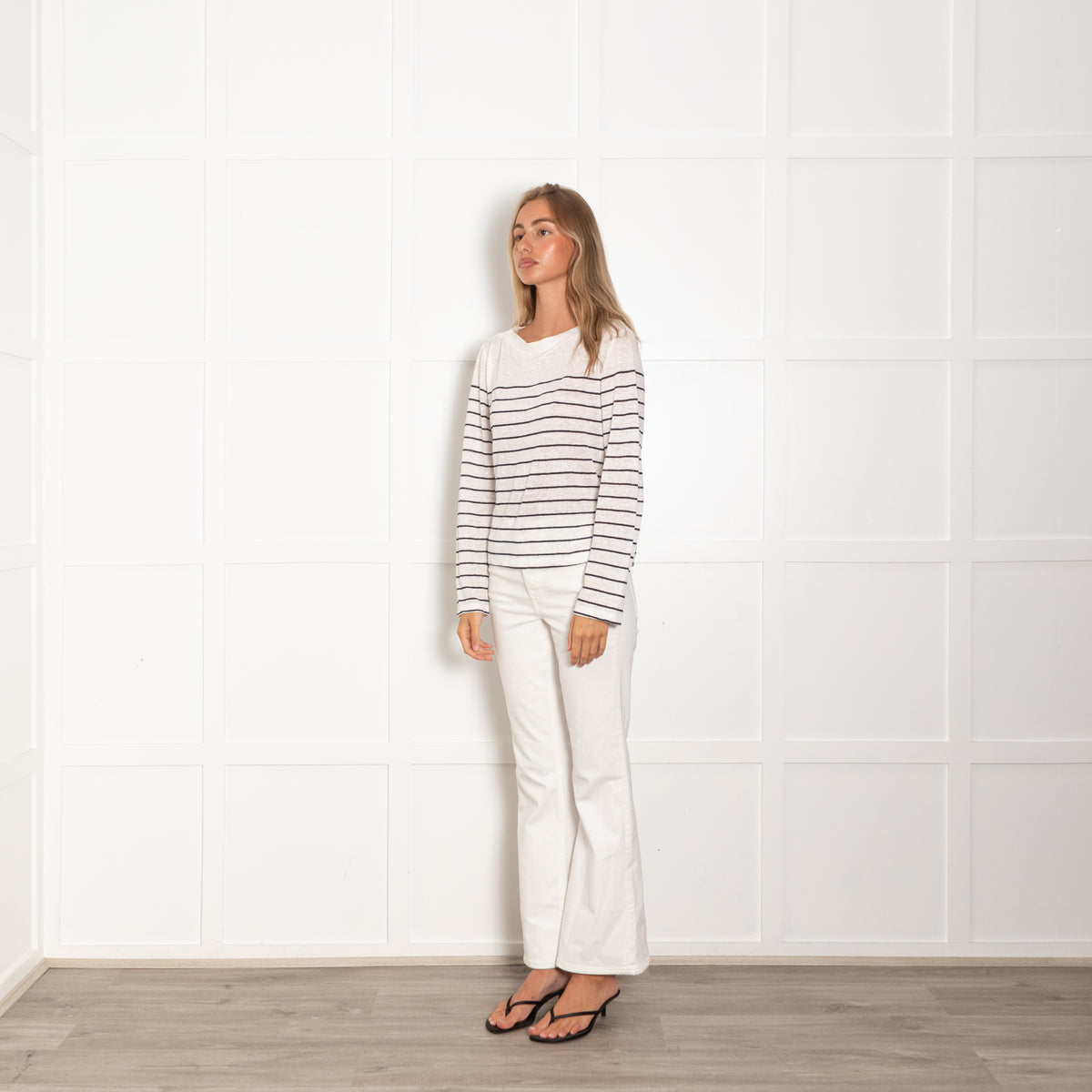Vince White Navy Striped Linen Long Sleeve Top