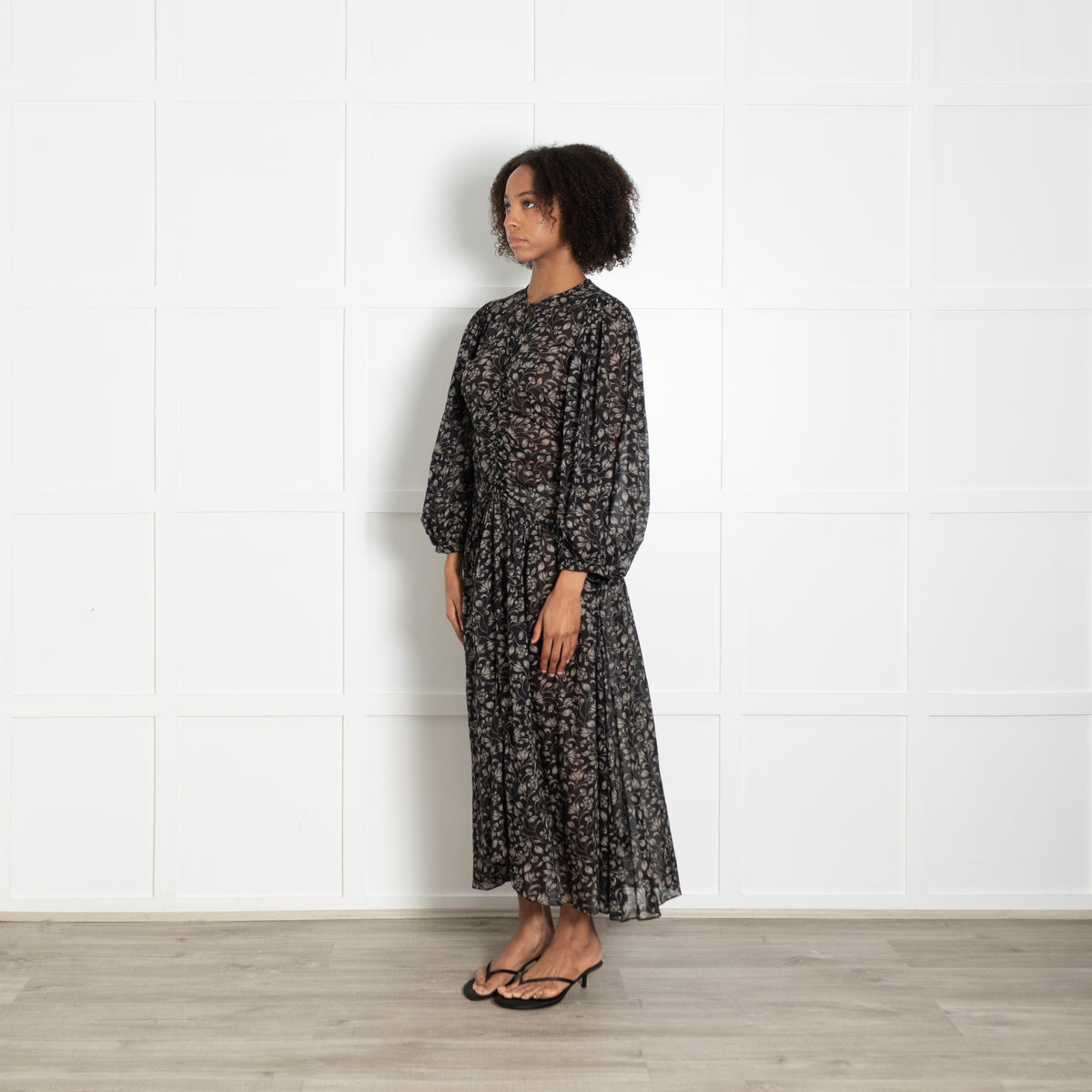 Isabel Marant Etoile Black Beige Floral Print Sleeved Maxi Dress