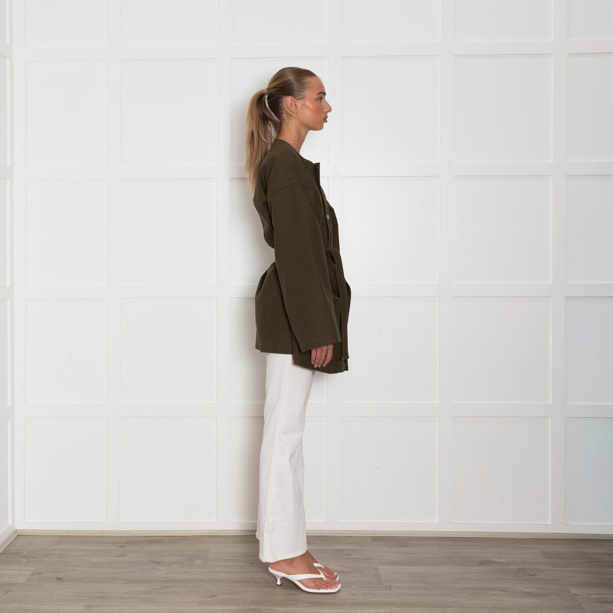 Nili Lotan Khaki Collarless Jacket with Gold Poppers