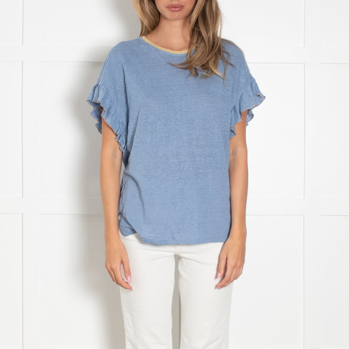 Wyse Blue Gold Lurex Trim Ruffle Detail Sleeveless Top