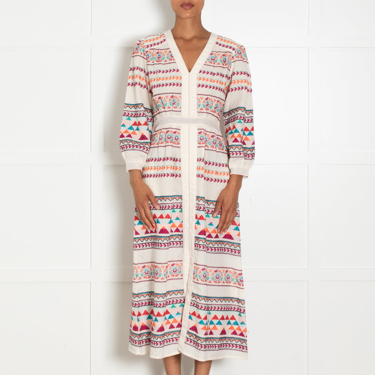 Aspiga Cream Multi Coloured Embroidered Cotton Dress