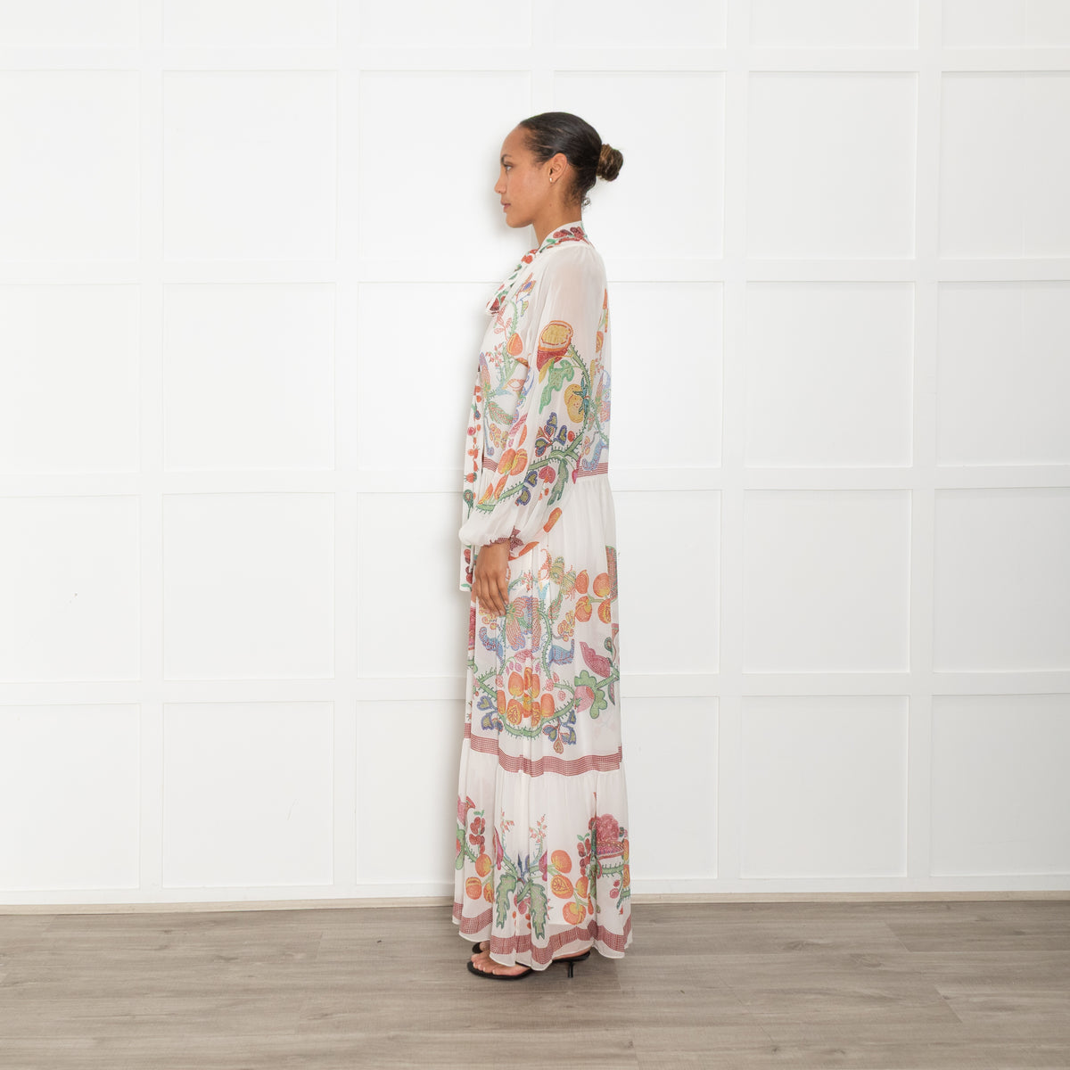 La Double J White Multi Floral Athena Silk Chiffon Maxi Dress