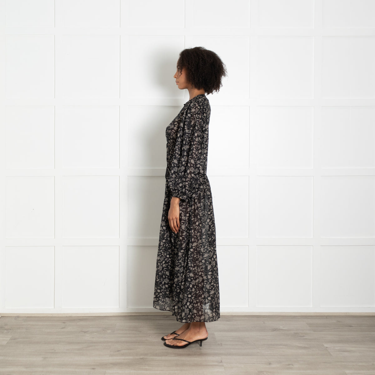 Isabel Marant Etoile Black Beige Floral Print Sleeved Maxi Dress