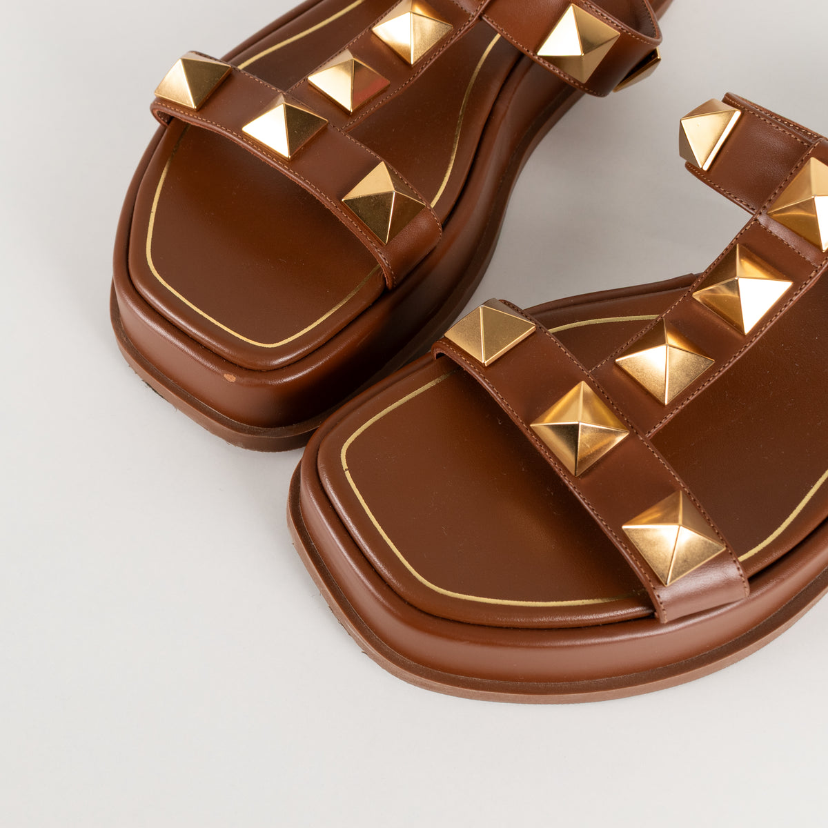 Valentino Brown Leather Roman Gold Rockstud Platform Sandals