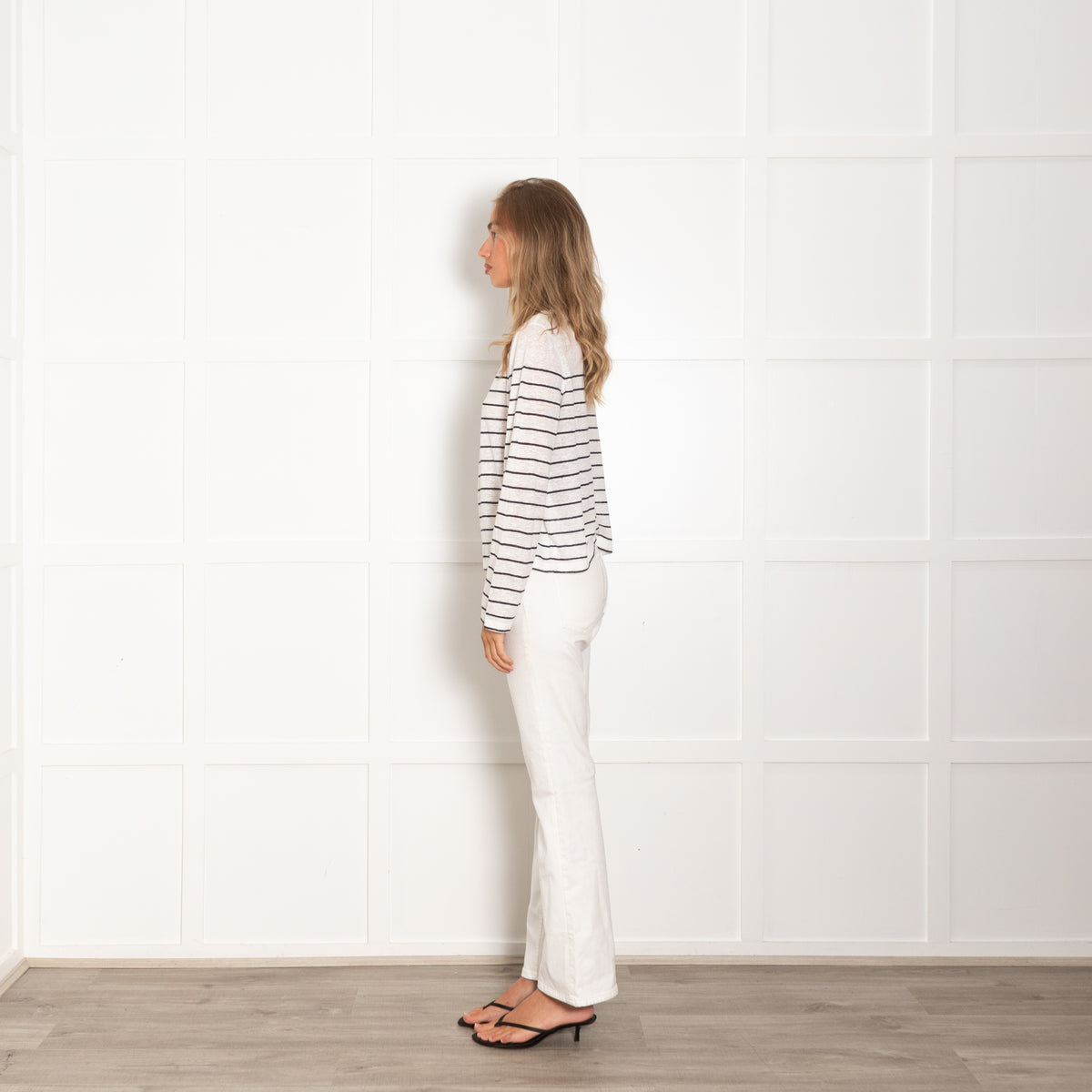 Vince White Navy Striped Linen Long Sleeve Top