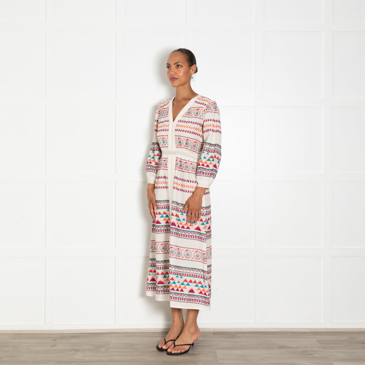 Aspiga Cream Multi Coloured Embroidered Cotton Dress