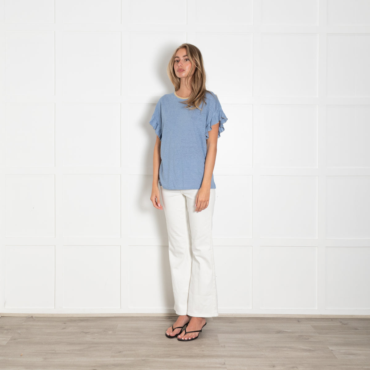 Wyse Blue Gold Lurex Trim Ruffle Detail Sleeveless Top