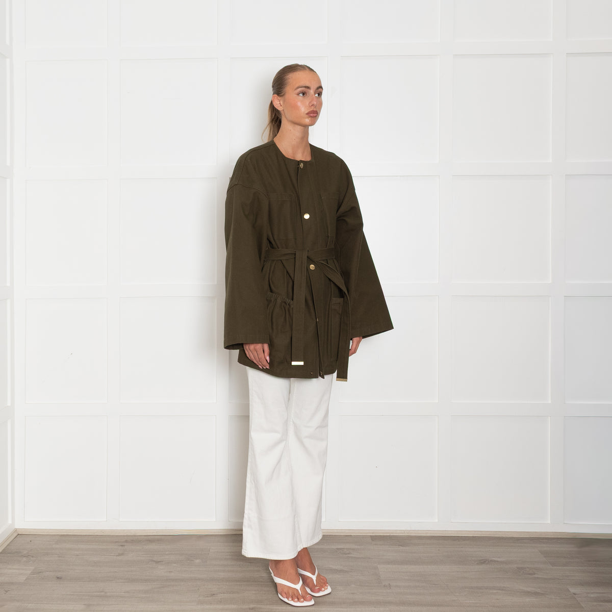 Nili Lotan Khaki Collarless Jacket with Gold Poppers