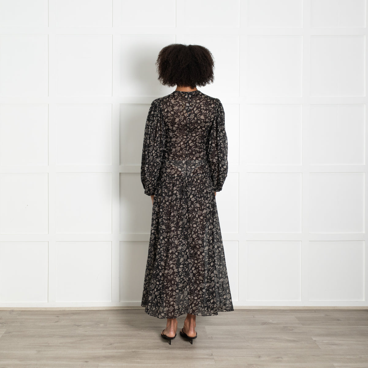 Isabel Marant Etoile Black Beige Floral Print Sleeved Maxi Dress