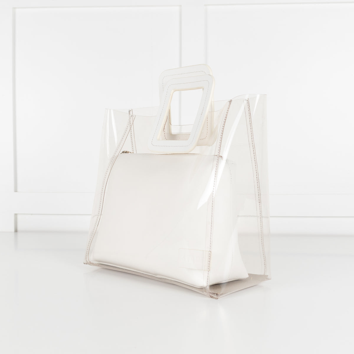 Staud Shirley White  Leather And Clear PVC Square Handle Bag