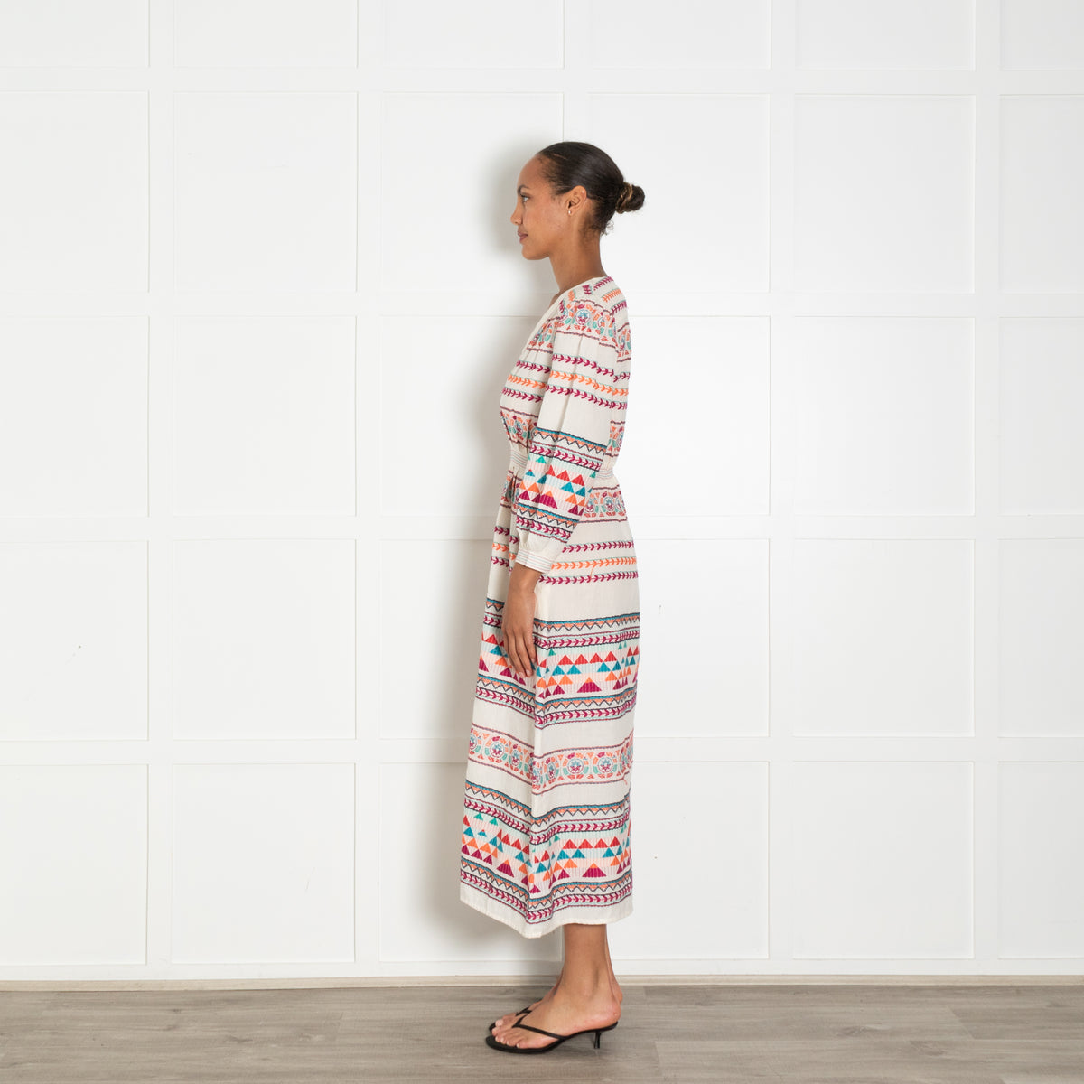 Aspiga Cream Multi Coloured Embroidered Cotton Dress
