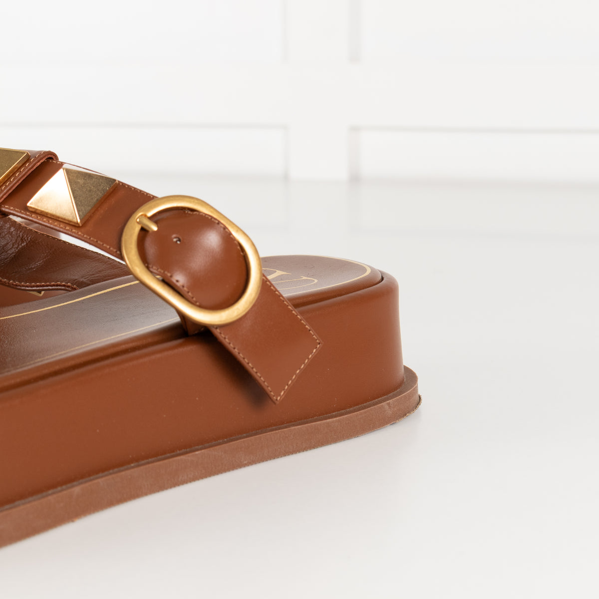 Valentino Brown Leather Roman Gold Rockstud Platform Sandals